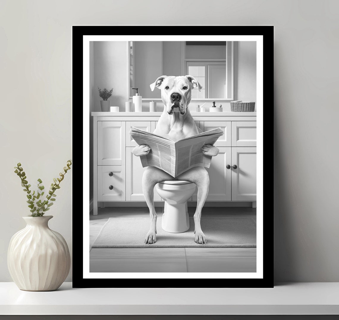 White Boxer Dog Reading Newspaper on Toilet Funny Bathroom Poster