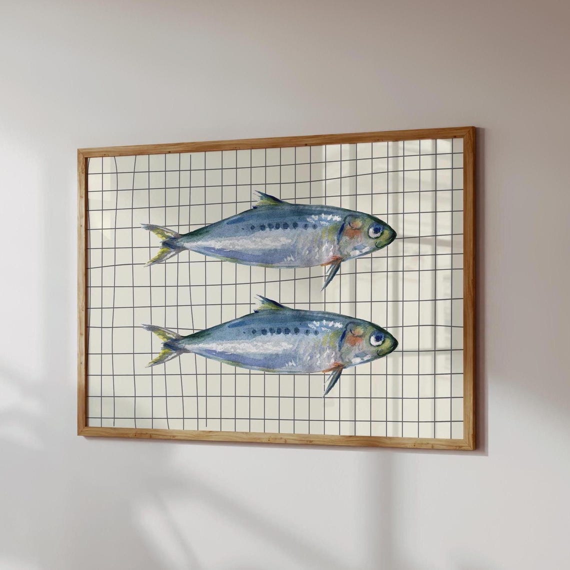 Watercolor Sardine Fish Pair On Black Grid Background Coastal Poster