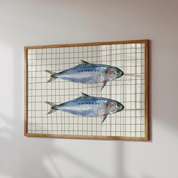 Coastal Fish Print Watercolor Sardine Wall Art Digital Download Horizontal