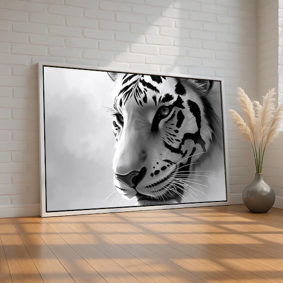 Black And White Tiger Wall Art Monochrome Jungle Animal Canvas Print Fierce Wildlife Portrait For Office Or Bedroom Ready To Hang