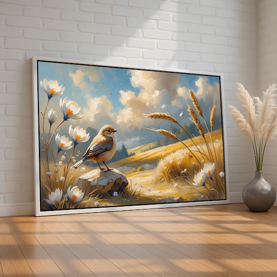 Songbird in Wheat Field White Flowers Soft Country Nature Poster