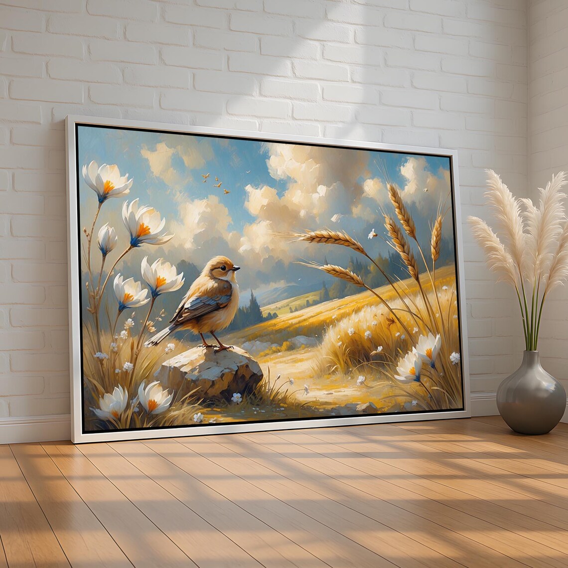 Songbird in Wheat Field White Flowers Soft Country Nature Poster