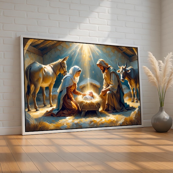 Nativity Scene Glowing Christmas Manger Mary Joseph Baby Jesus Poster