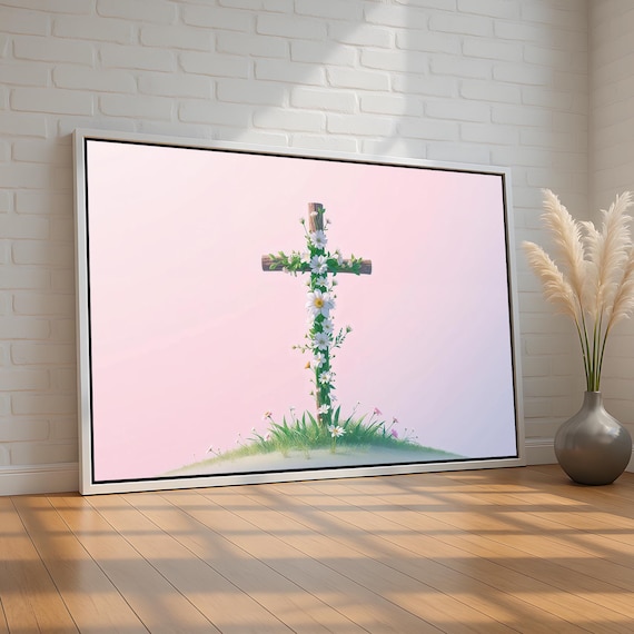 Wooden Floral Cross With White Daisies Pink Background Easter Art Poster