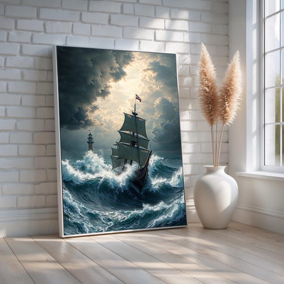 Stormy Sea Ship Wall Art Dramatic Sailing Canvas Print With Lighthouse Nautical Ocean Adventure Decor For Home Ready To Hang
