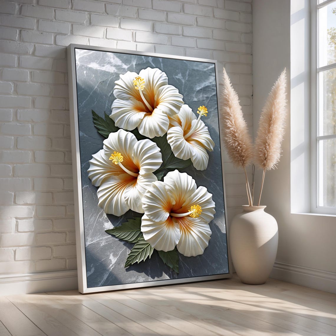 White Hibiscus Flowers Marble Background Sculptural Botanical Wall Art