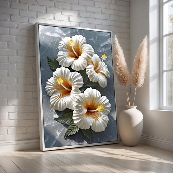 White Hibiscus Canvas Wall Art Ready To Hang Tropical Floral Print Yellow Centered Flowers Modern Botanical Island Decor For Home