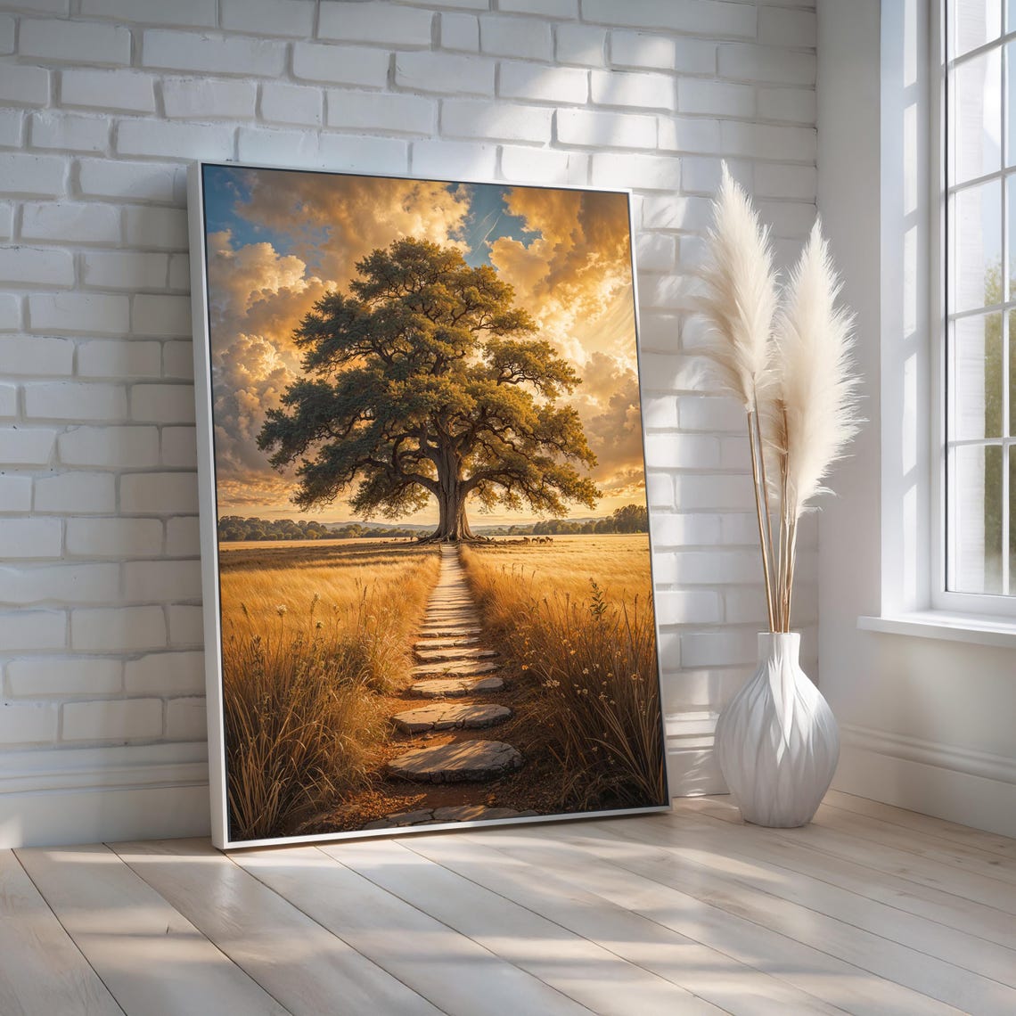 Lone Golden Oak Tree Sunset Wheat Field Stone Path Canvas Poster