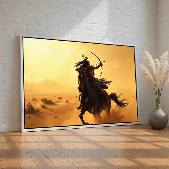 Native Warrior Wall Art Indigenous Horseback Archer Canvas Print Bold Western Desert Scene Strength Spirit Decor Ready To Hang