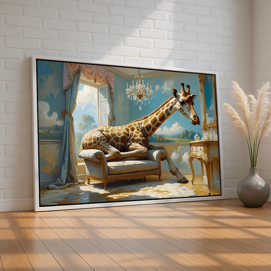 Giraffe Lounging Chaise Elegant Room Whimsical Surreal Animal Poster Art