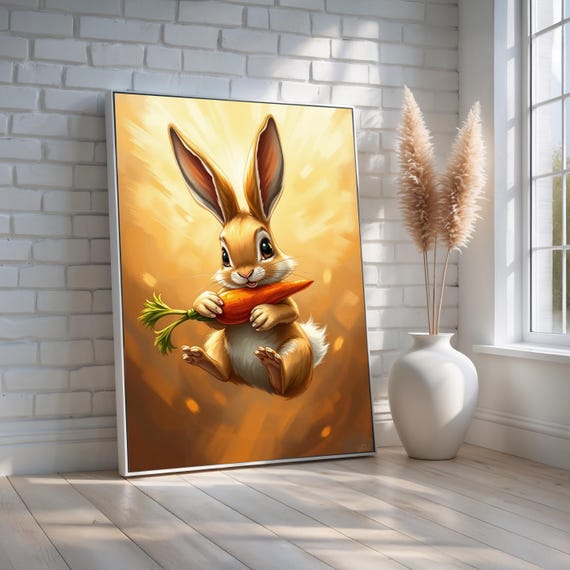 Playful Bunny With Carrot Poster Cute Rabbit Wall Art In Golden Light Whimsical Nursery Or Easter Decor For Kids Ready To Hang