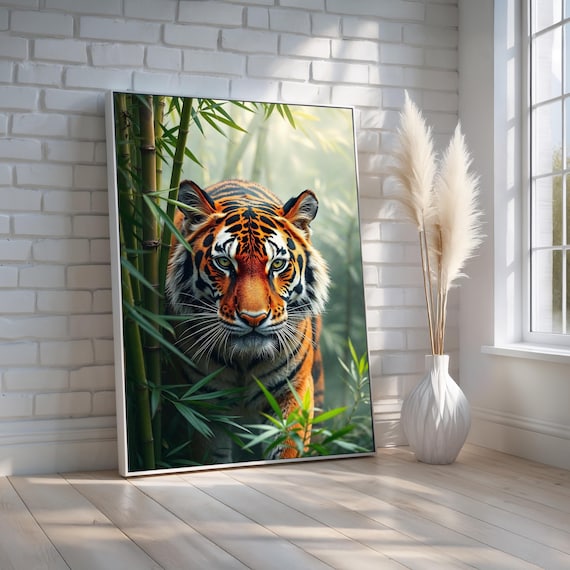 Tiger Wall Art Wild Jungle Canvas Or Poster Bengal In Bamboo Painting Nature Wildlife Home Decor Powerful Animal Artwork