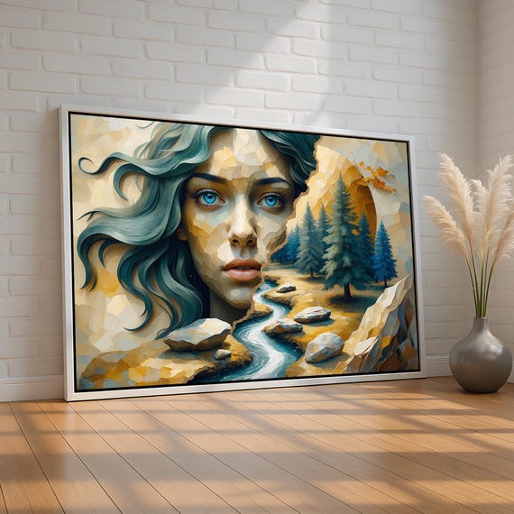 Surreal Woman And Nature Portrait Fantasy Landscape Canvas Poster Flowing River Forest Wall Art For Living Room Ready To Hang