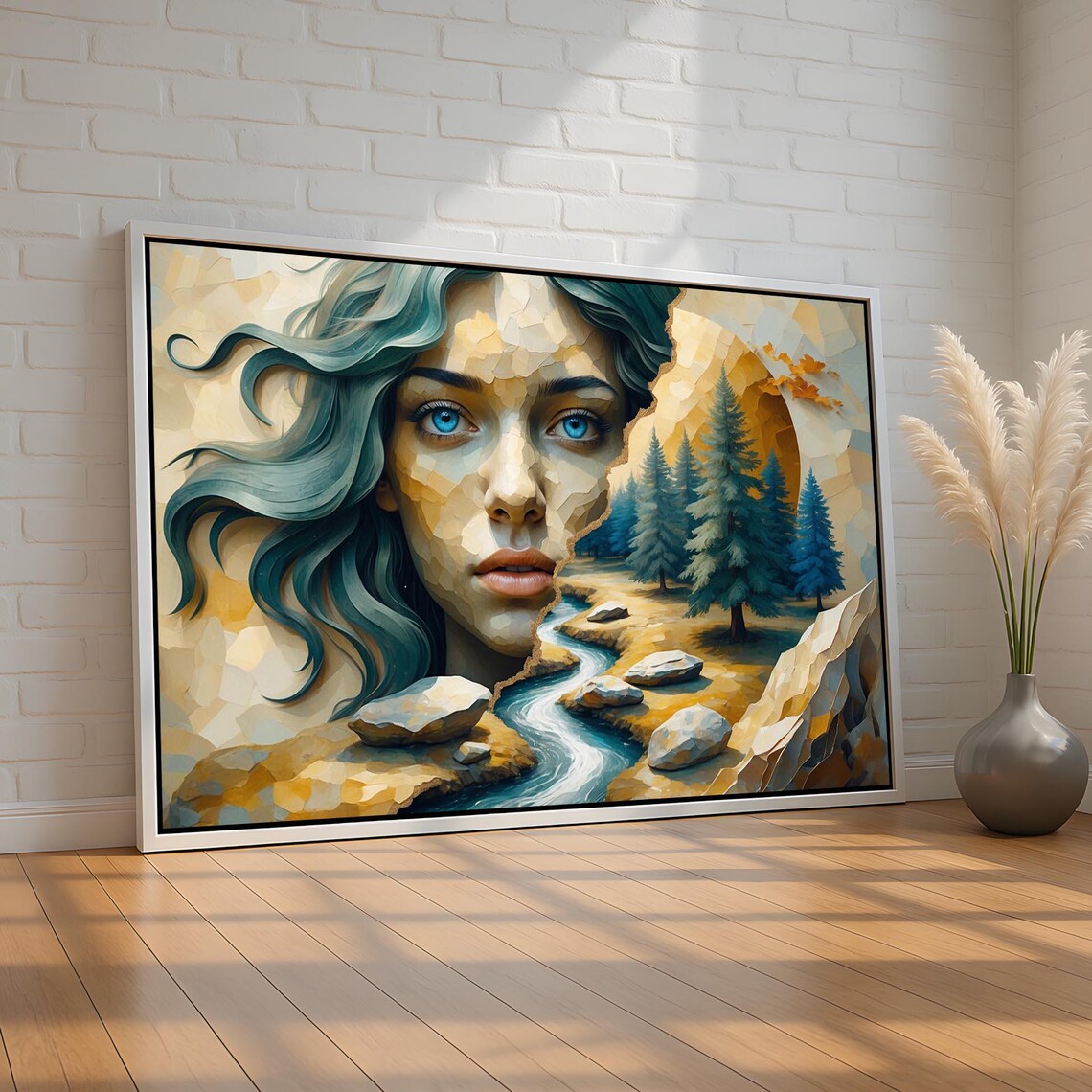 Surreal Woman Fantasy Forest Stream Mosaic Artwork Portrait Poster