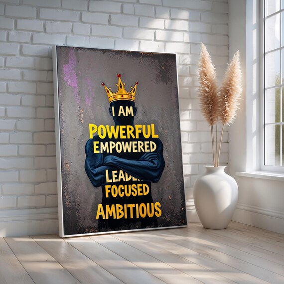 I Am Powerful Wall Art Urban Motivational Canvas Print With Crown Affirmation Text Bold Office Or Gym Decor Ready To Hang