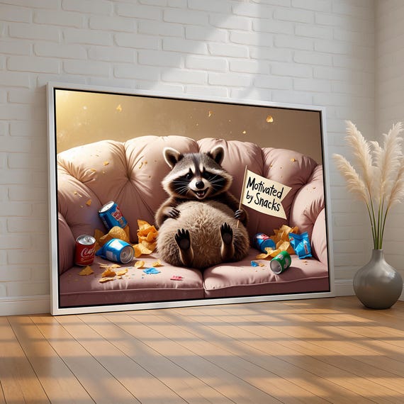 Funny Raccoon Wall Art Motivated By Snacks Quote Poster Cute Animal Canvas For Dorm Kitchen Or Office Decor Ready To Hang
