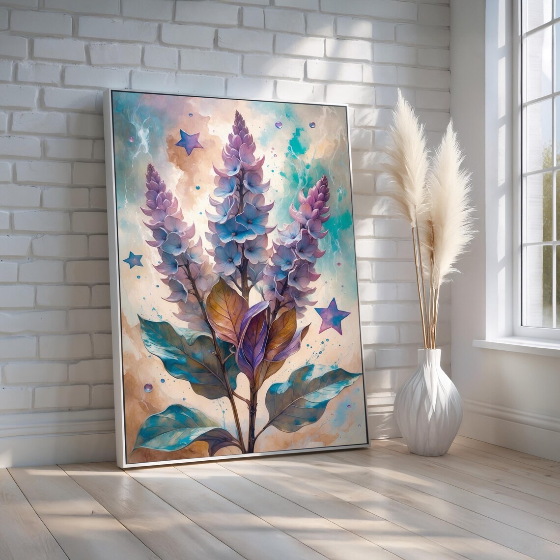 Purple Floral Blooms With Stars Dreamy Botanical Watercolor Wall Art