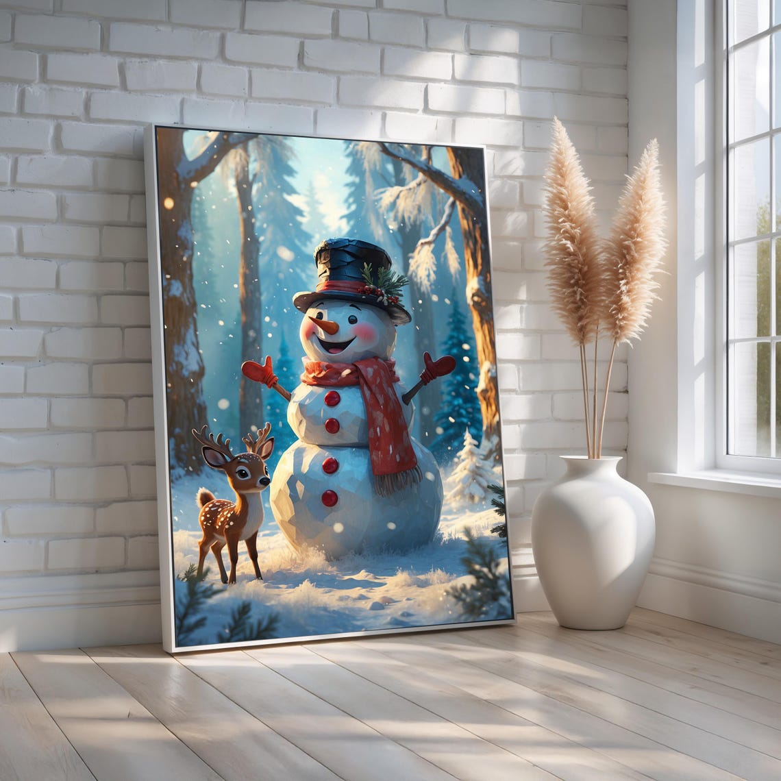 Cute Snowman and Reindeer Christmas Winter Forest Canvas Poster