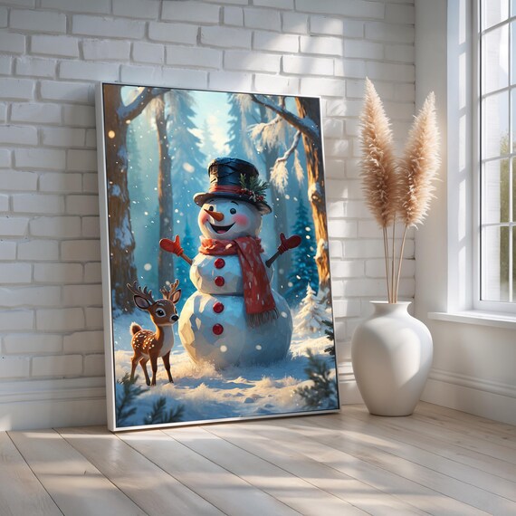 Cute Snowman and Reindeer Christmas Winter Forest Canvas Poster
