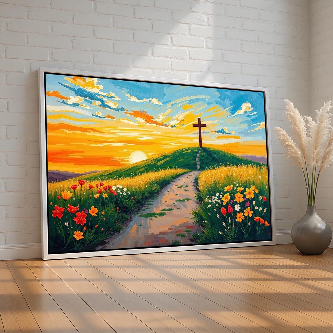 Path to the Cross Sunrise Wildflowers Christian Faith Wall Art