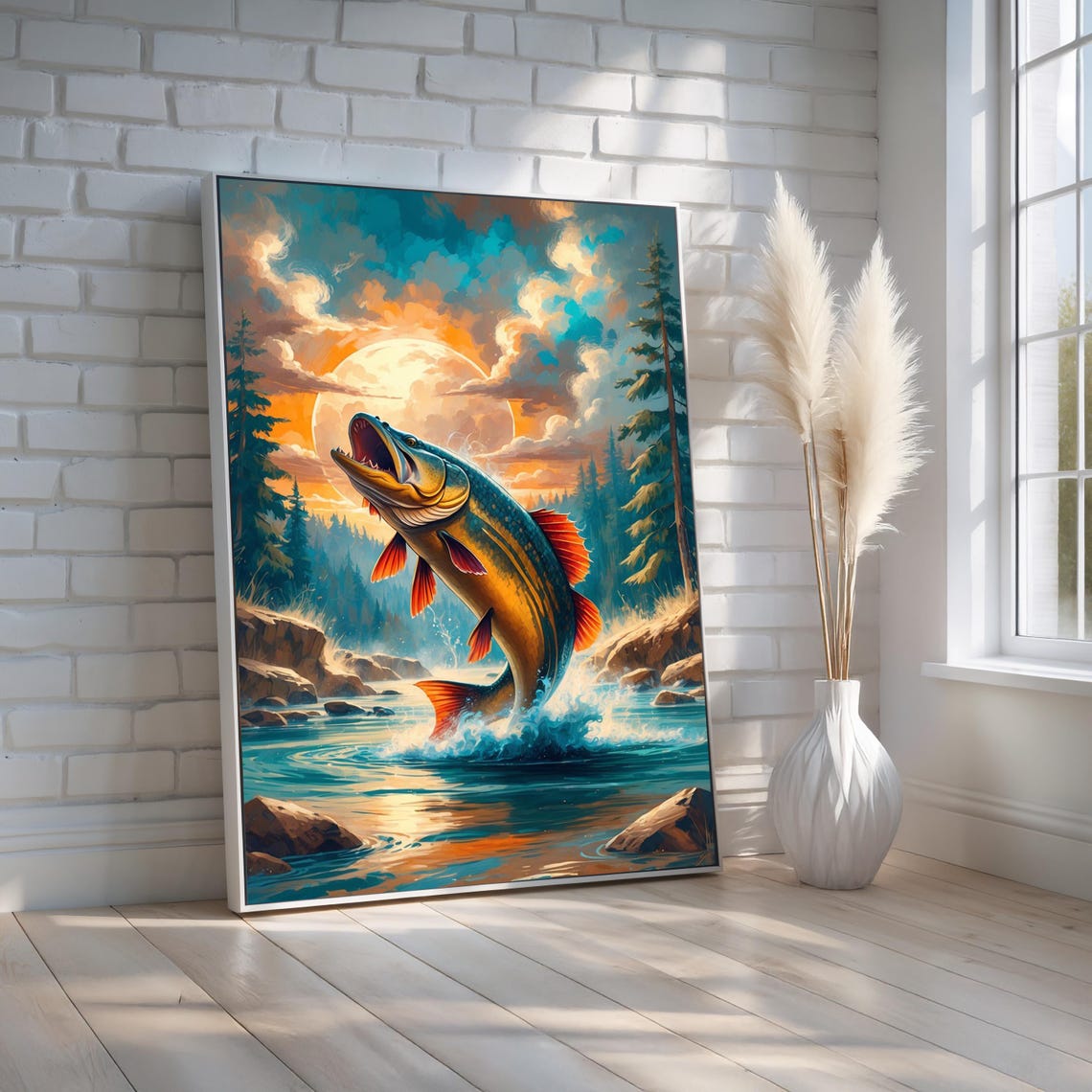 Leaping Bass Fish Sunset River Forest Vibrant Wildlife Poster