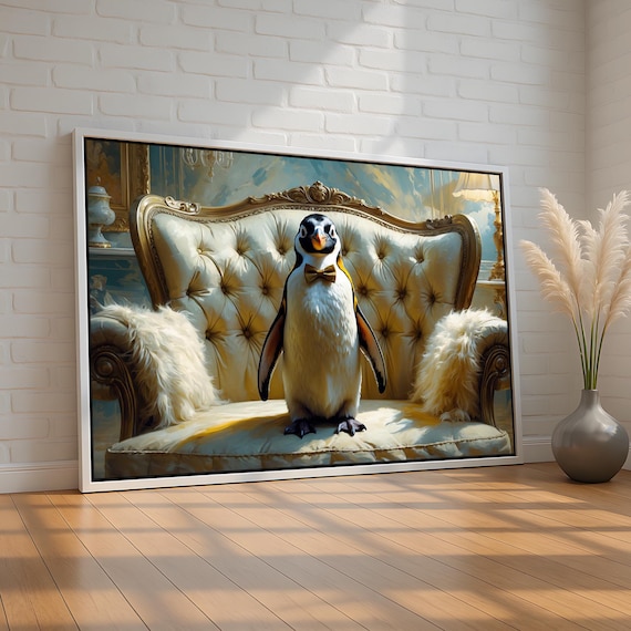 Dapper Penguin In Bow Tie On Gold Tufted Sofa Whimsical Wall Art
