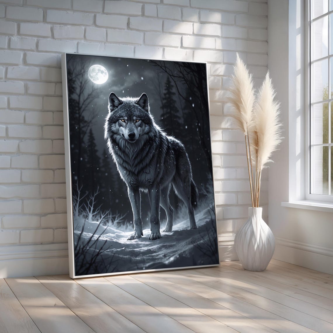 Moonlit Wolf Standing Snowy Forest Full Moon Night Wildlife Poster