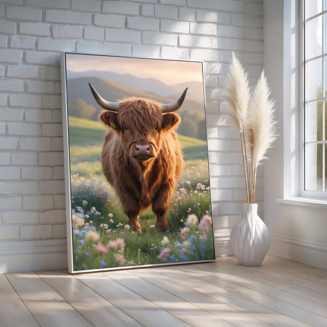 Highland Cow In Wildflower Meadow Pasture Farmhouse Rustic Wall Art