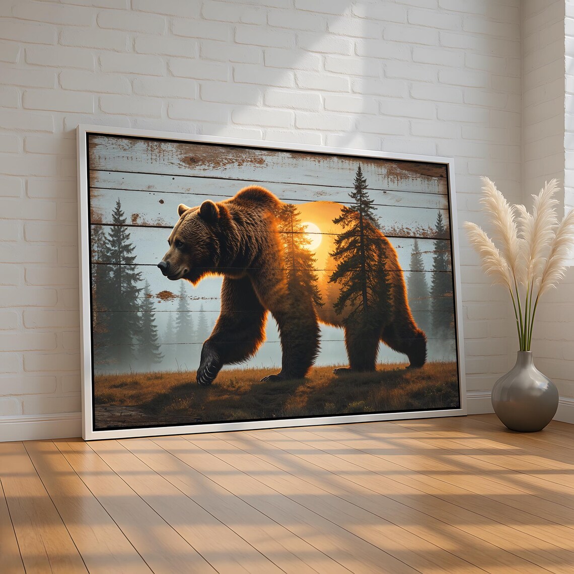 Rustic Bear Wall Art Double Exposure Forest Sunset Canvas Print Cabin Lodge Decor Natureinspired Poster Ready To Hang Artwork
