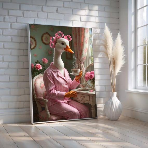 Goose In Curlers Canvas Poster Funny Animal Wall Art Pink Pajamas Vintage Tea Room Decor For Bathroom Or Kitchen Ready To Hang