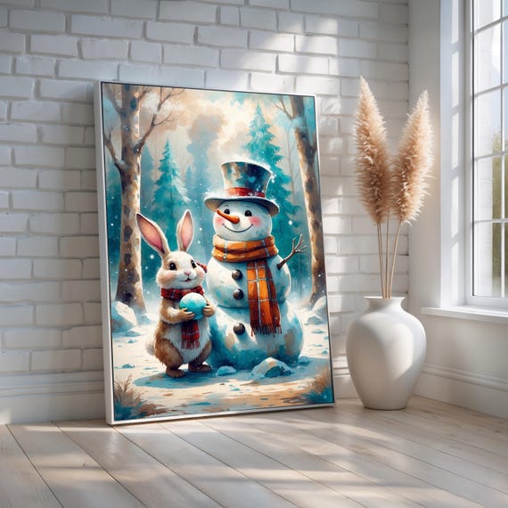 Cute Snowman And Bunny Winter Poster Whimsical Holiday Wall Art For Kids Room Or Nursery Christmas Snow Scene Print Ready To Hang