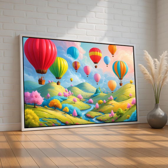 Colorful Hot Air Balloons Over Rolling Hills Fantasy Landscape Canvas Poster Whimsical Wall Art For Nursery Or Living Room