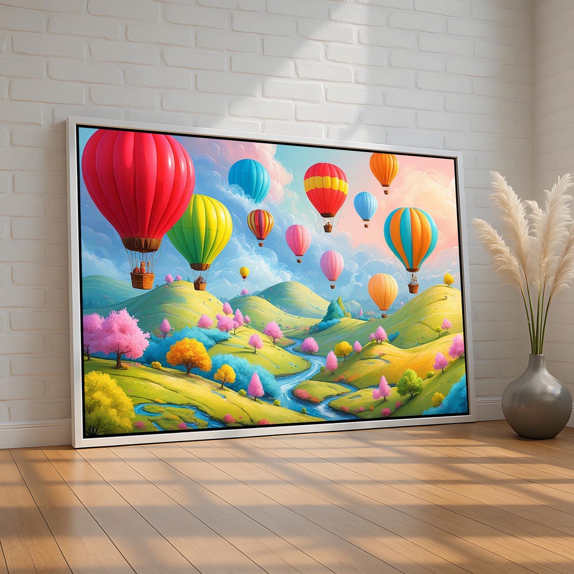 Colorful Hot Air Balloons Over Green Rolling Hills Canvas Poster