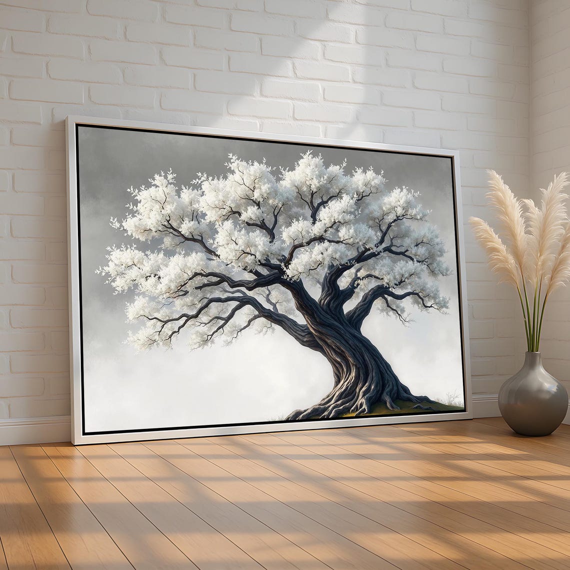 White Blossom Tree Wall Art Minimalist Nature Poster Twisted Trunk Botanical Print For Tranquil Spaces Zeninspired Canvas