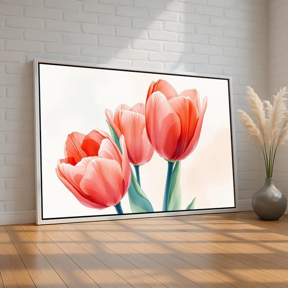 Blush Pink Tulips Wall Art Watercolor Floral Poster Elegant Spring Botanical Canvas Print For Bedroom Or Kitchen Decor Ready To Hang