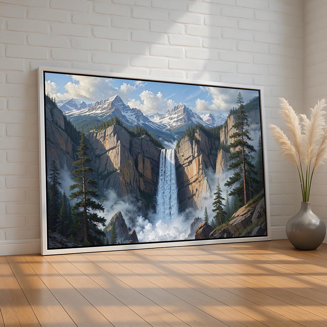 Majestic Mountain Waterfall Snowy Peaks Nature Landscape Poster
