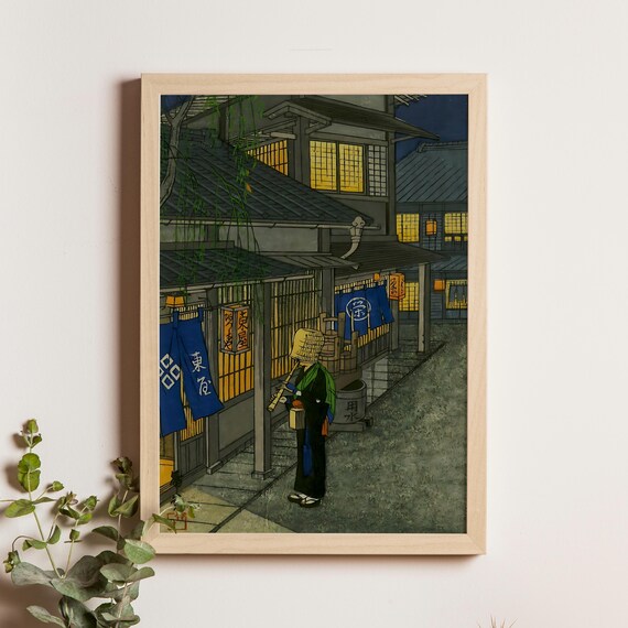 Komuso Flute Player On Old Night Street Vintage Japanese Poster