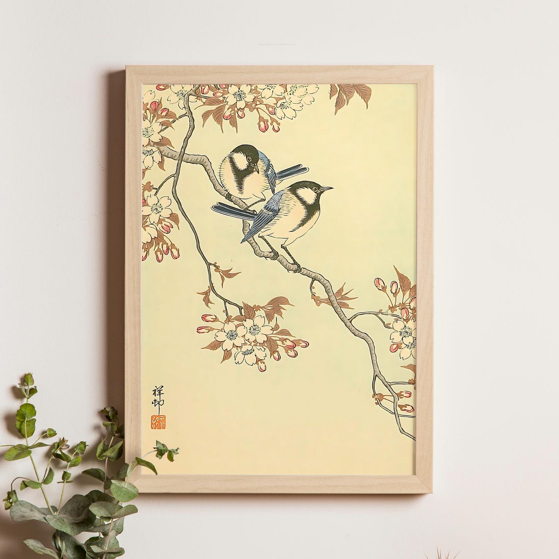 Two Tits on Cherry Blossom Branch Spring Japanese Woodblock Poster