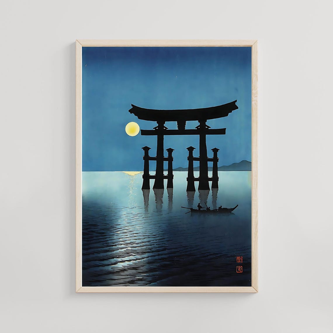 Moonlit Great Torii Gate Over Calm Sea Night Woodblock Poster