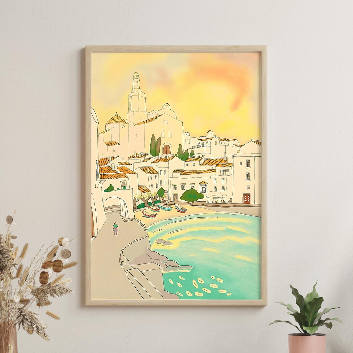 Mediterranean Village Harbor Spain Sunlit Countryside Art Poster