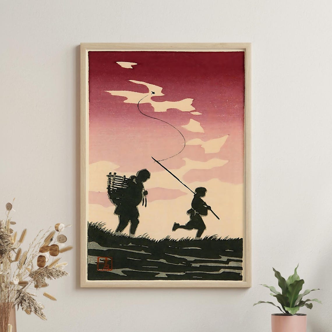 Two Figures Walking Home at Dusk Under Pink Sky Woodblock Poster