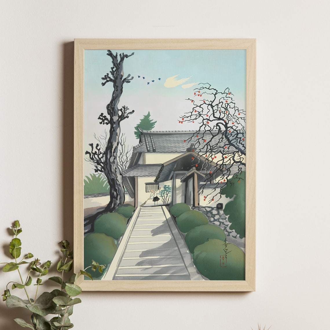 Early Winter Temple Gate Bare Trees Blue Sky Woodblock Poster