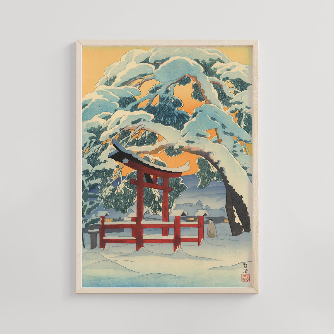 Red Torii Gate Deep Snow Ancient Pines Sunset Woodblock Poster