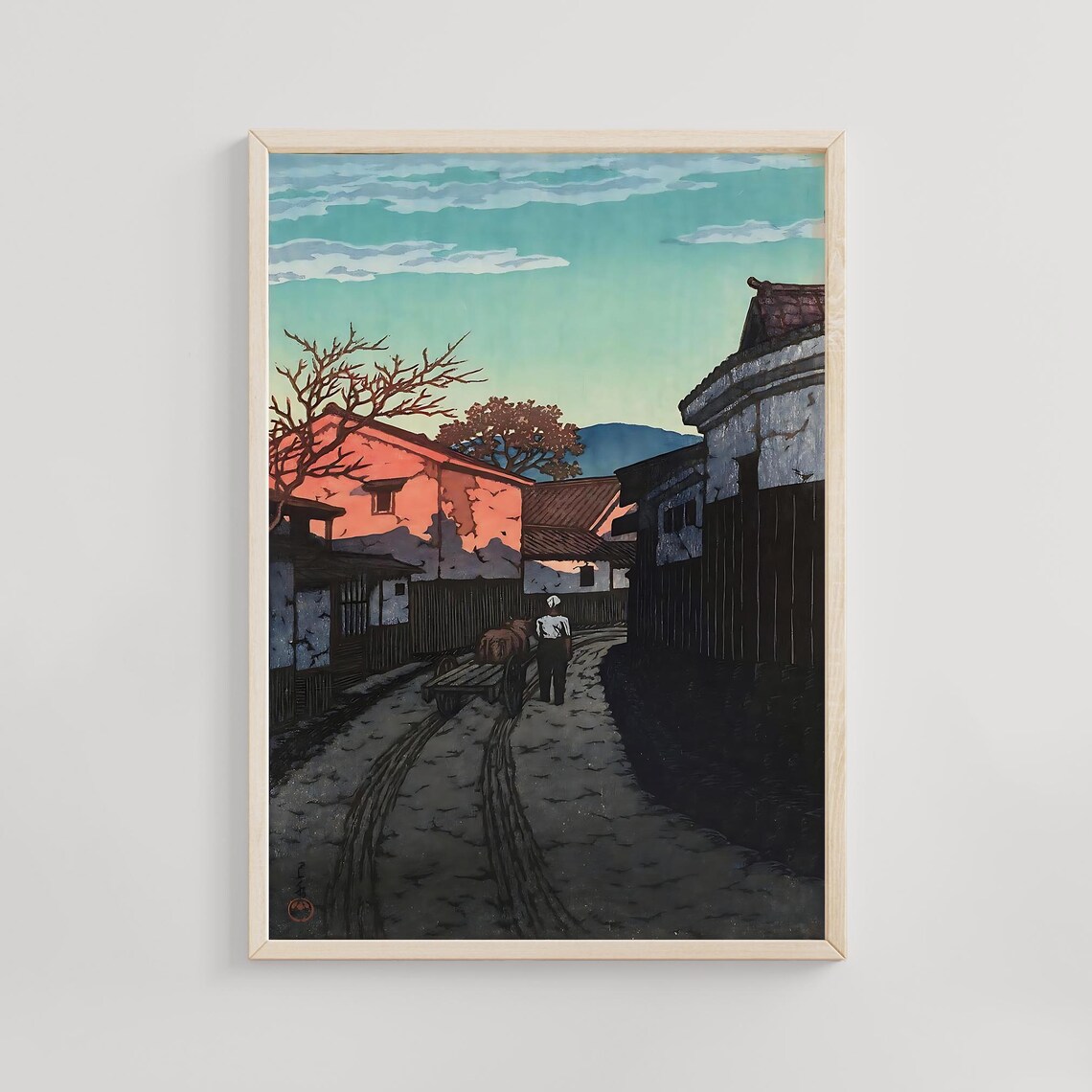 Kawase Hasui Quiet Street at Dusk With Cart and Walker Scene Poster