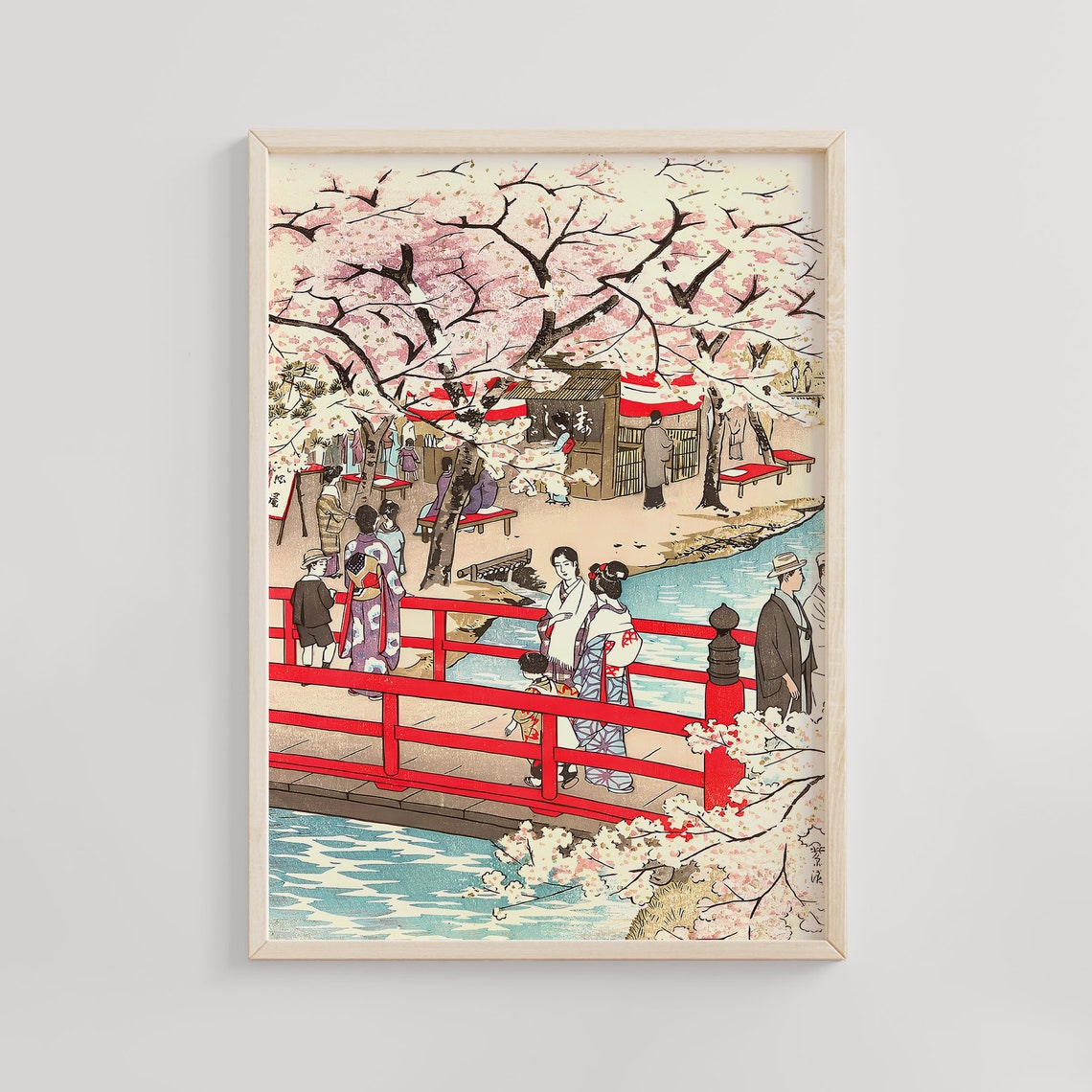 Cherry Blossom Festival Red Bridge Spring Kimono Woodblock Poster