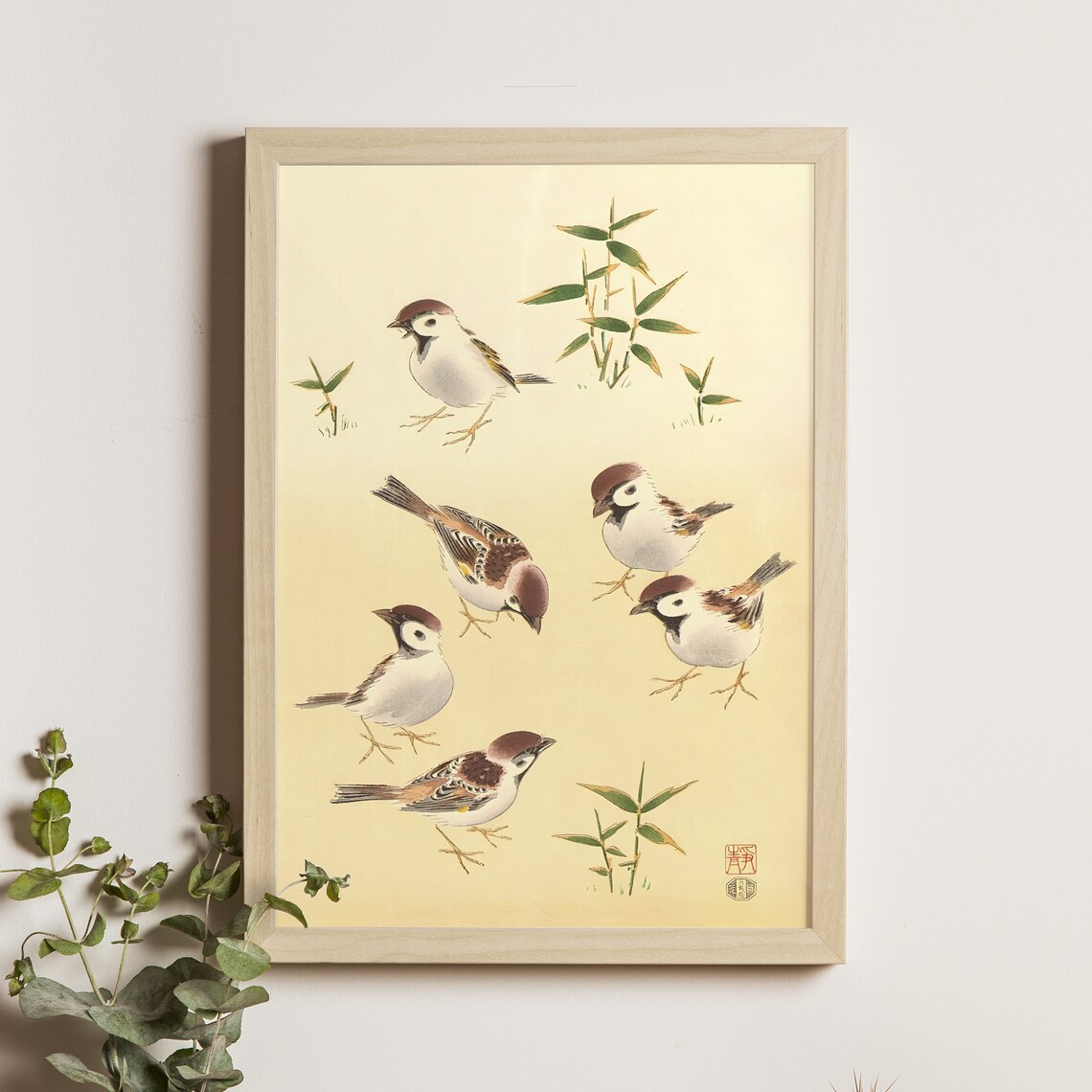 Sparrows in Bamboo Shizuo Ashikaga Japanese Kacho Woodblock Poster