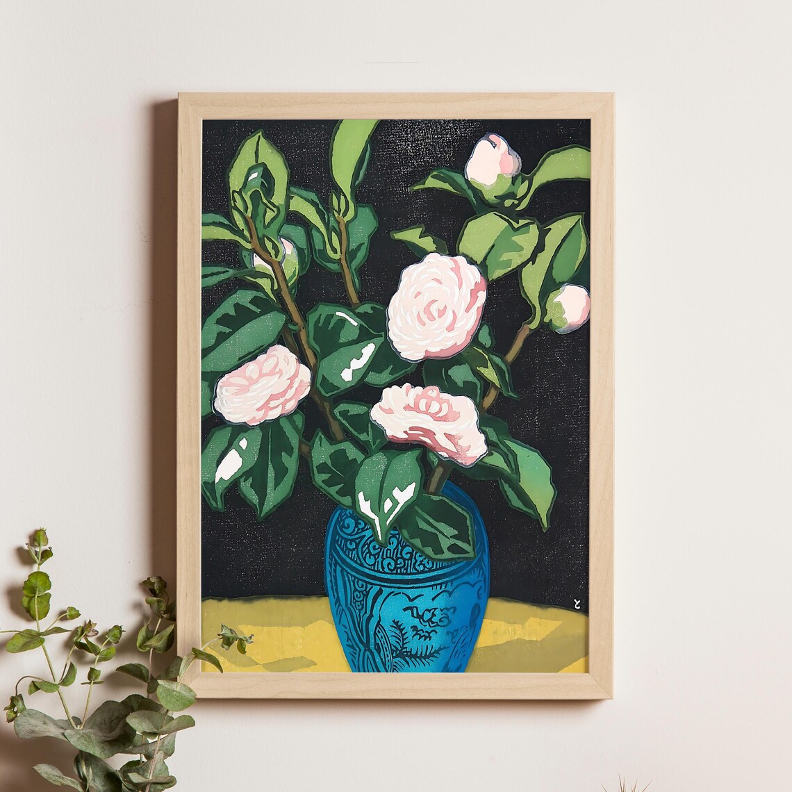 Inagaki Tomoo Pink Camellia Blooms in Patterned Blue Vase Poster