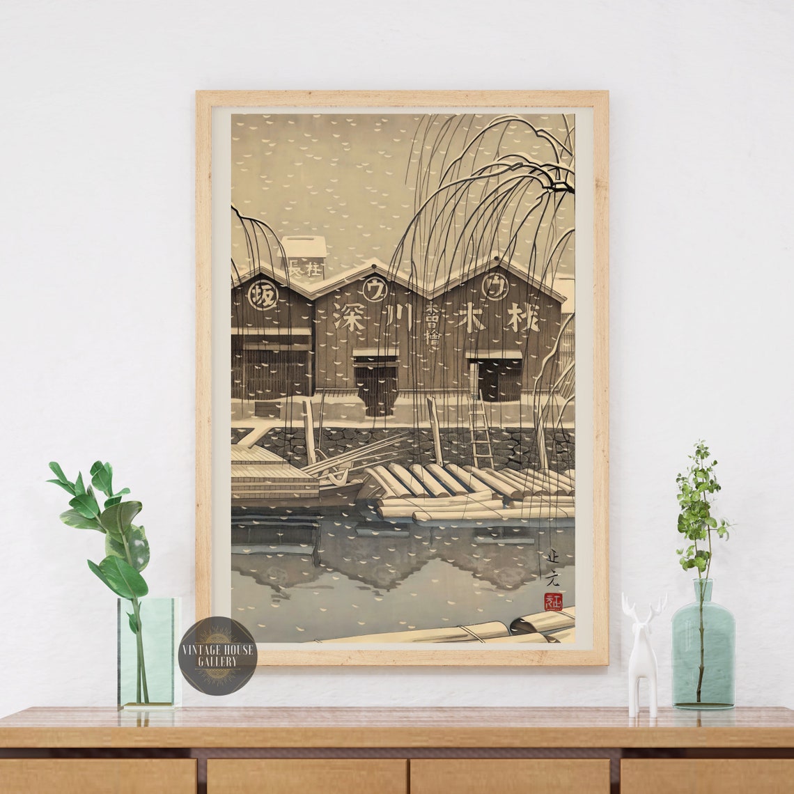 Snowfall Over Japanese River Lumber Yard Sepia Woodblock Art Poster