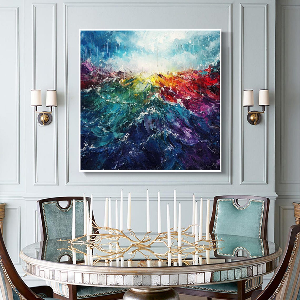 Colorful Rainbow Ocean Waves Abstract Impasto Seascape Art Poster - Image 4