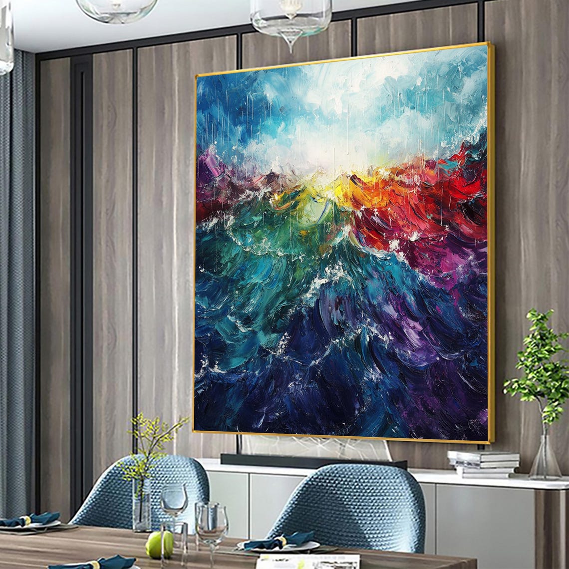 Colorful Rainbow Ocean Waves Abstract Impasto Seascape Art Poster - Image 5